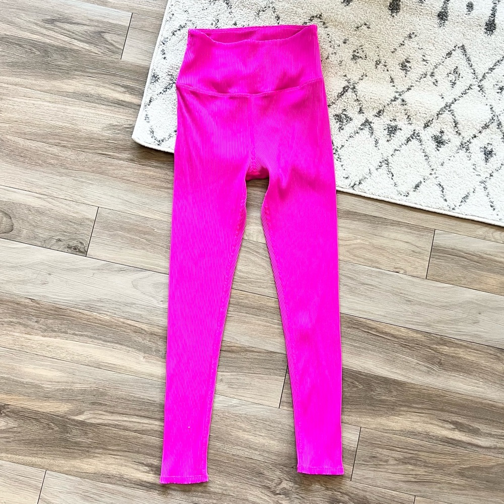 Carbon38 Ribbed 7/8 Length Neon Pink High Waisted Leggings Tights Women’s M